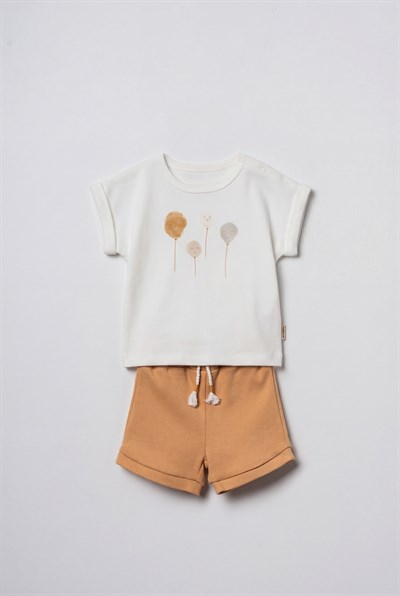 Unisex Bebek Pamuklu Ekru Hardal Tişört Şort Takım - Çiçek Baskılı
