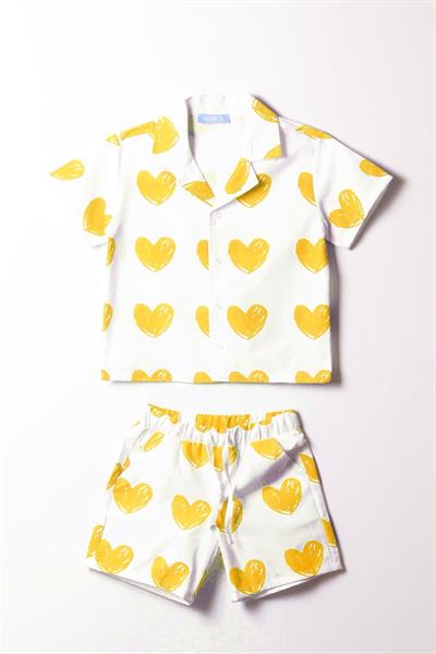 Kız Çocuk Kısa Kollu Düğmeli Gömlek ve Şort İkili Takım – Kalpli Desen