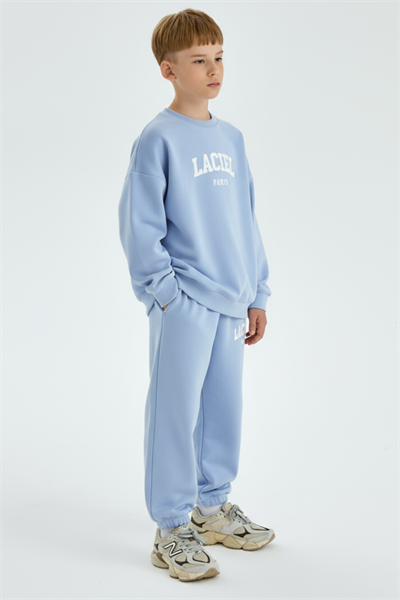 Erkek Çocuk Pamuklu Bebe Mavi Oversize Eşofman Takım - Baskılı Sweatshirt ve Eşofman Altı