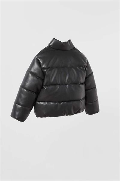 Unisex Çocuk Deri Görünümlü Siyah Şişme Mont - Dolgulu ve Cepli Tasarım