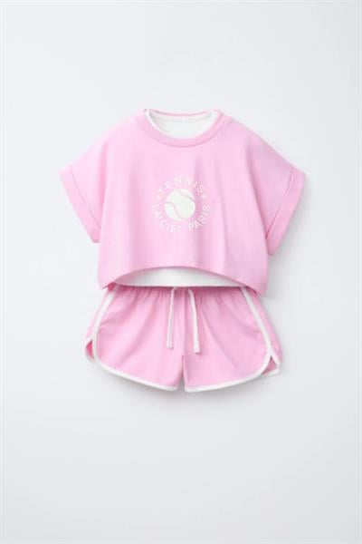 Kız Çocuk Pamuklu Pembe Baskılı T-Shirt ve Şort Takım - Kontrast Şerit Detaylı