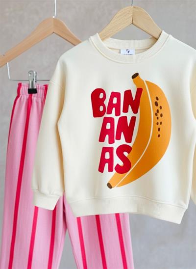 Kız Çocuk Pamuklu Ekru Muz Baskılı Sweatshirt ve Pembe Çizgili Pantolon Takım