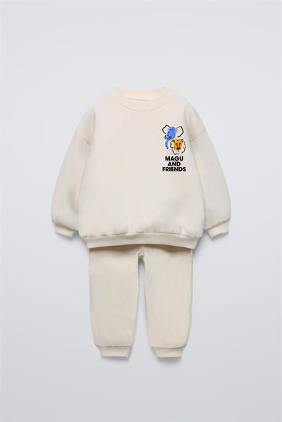 Unisex Çocuk Pamuklu Ekru Magu and Friends Baskılı Sweatshirt Eşofman Alt-Üst Takım