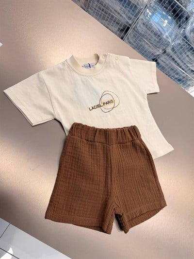 Unisex Bebek Pamuklu Ekru Logo Baskılı Tişört Şort Takım