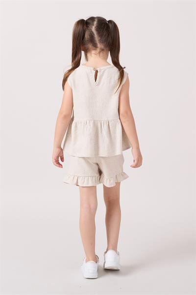 Kız Çocuk Keten Krem Fırfırlı Şort ve Fiyonklu Bluz Takım