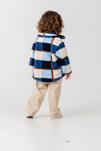 Erkek Çocuk Pamuklu Mavi Kareli Desenli Polar Ceket – Cepli Düğmeli