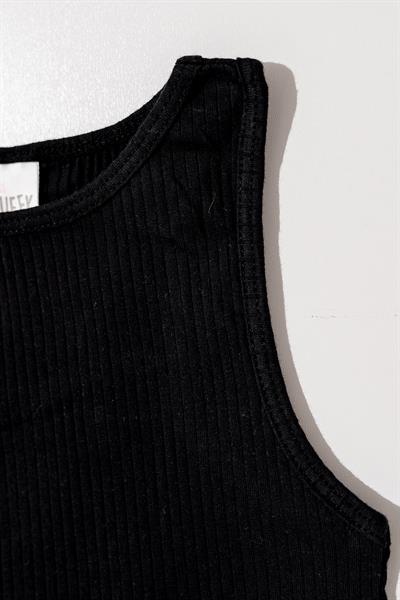 Kız Çocuk Pamuklu Siyah Beyaz Desenli Oversize T-shirt ve Siyah Ribana Atlet İkili Takım