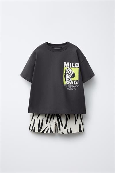 Erkek Çocuk Pamuklu Siyah Zebra Baskılı T-shirt ve Şort Takım - Eğlenceli Yazlık