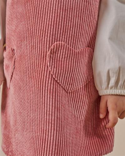 Kız Çocuk Pamuklu Pembe Ekru Fırfır Yaka Jile Elbise Takım - Kalp Cep Detaylı Uzun Kollu Bluzlu