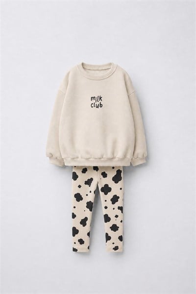 Kız Çocuk Pamuklu Milk Club Baskılı Ekru Sweatshirt ve Desenli Tayt Takımı