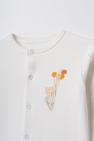 Unisex Bebek Pamuklu Ekru Ayıcık Baskılı Hırka Pantolon Takım - Desenli Alt Parçalı