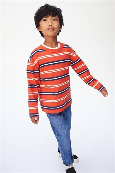 Erkek Çocuk Pamuklu Turuncu Lacivert Çizgili Uzun Kollu T-shirt - Bisiklet Yaka