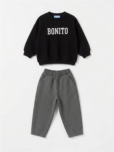 Çocuk Pamuklu Yazı Baskılı Siyah Sweatshirt ve Gri Ekose Pantolon Takımı