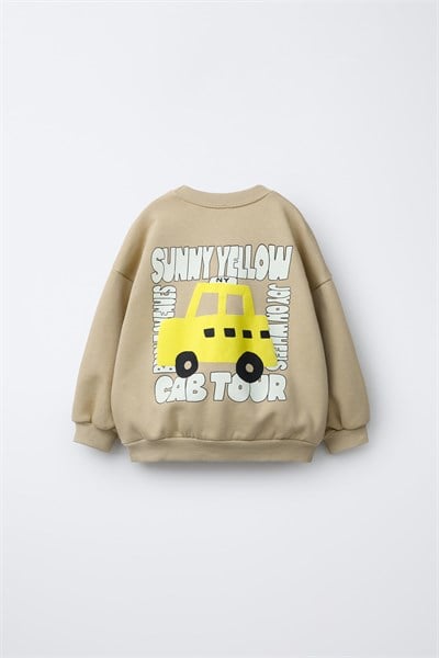 Çocuk Baskılı Bej Sweatshirt ve Dama Desenli Eşofman Altı Takımı