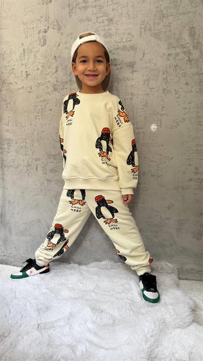 Unisex Çocuk Pamuklu Ekru Penguen Desenli Sweatshirt ve Eşofman Takım