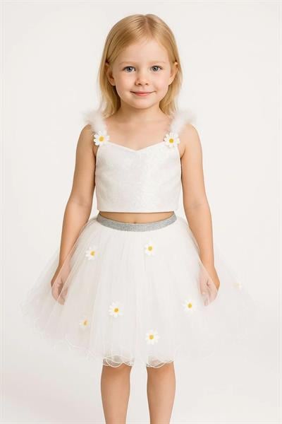 Kız Çocuk Tüllü Papatya Aplikeli Askılı Bluz ve Etek İkili Takım 