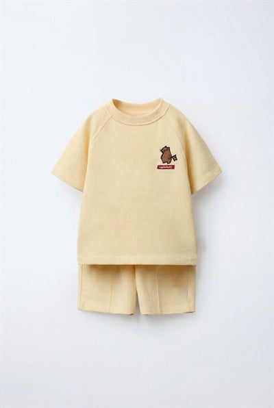 Unisex Çocuk Pamuklu Açık Sarı Nakışlı T-Shirt Şort Takım