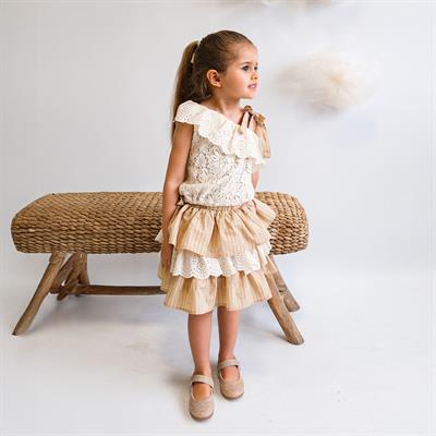 Kız Çocuk Pamuklu Dantel ve Kat Kat Fırfırlı Etekli Takım