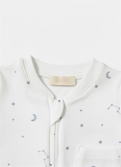 Unisex Bebek Pamuklu Ekru Gökyüzü Desenli Uzun Kollu Fermuarlı Tulum – Ay ve Yıldız Baskılı
