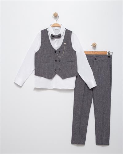 Gri Çocuk Takım Elbise Şık Tasarım Papyonlu Yelekli Smokin