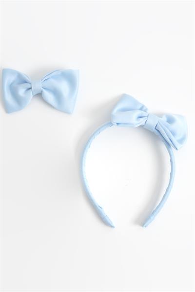 Kız Çocuk Mavi Kurdele Detaylı Taç ve Toka 2li Saç Aksesuar Seti 