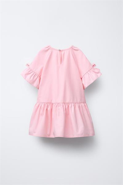Kız Çocuk Pamuklu Pembe Fiyonklu Volan Kol Elbise - Günlük Yazlık Model