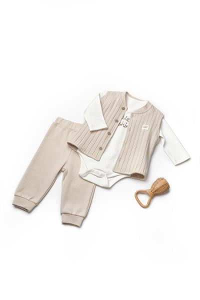  Pamuklu Unisex Bebek 3lü  Body, Yelek ve Alt Takım