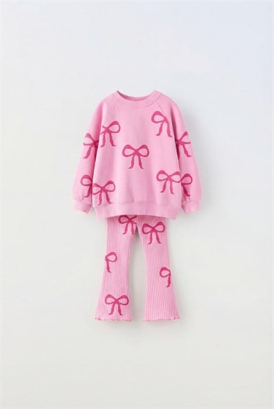 Kız Çocuk Fiyonk Desenli Pembe Sweatshirt ve İspanyol Paça Tayt Takımı