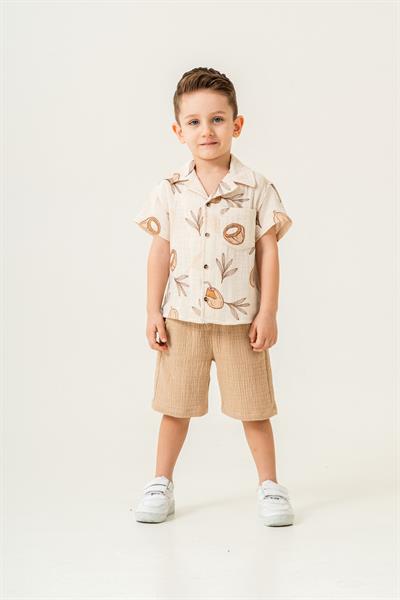 Erkek Çocuk Pamuklu Hindistan Cevizi Desenli Kısa Kollu Gömlek ve Şort Takım - Yazlık Rahatlık