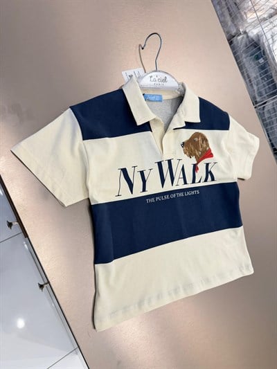 Erkek Çocuk Pamuklu Ekru Lacivert Köpek Nakışlı Polo Yaka T-Shirt