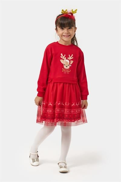 Kız Çocuk Pamuklu Kırmızı Geyik Desenli Tüllü Elbise - Yılbaşı Konseptli Oh Deer Baskılı