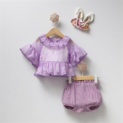 Kız Bebek Lila Dantel Detaylı Volanlı Bluz Şort Takım