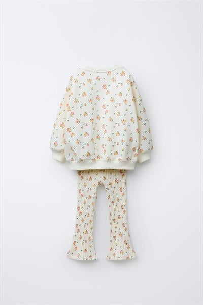 Kız Çocuk Pamuklu Ekru Çiçek Desenli Sweatshirt İspanyol Paça Tayt Takım