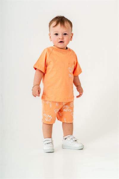 Erkek Çocuk Pamuklu Turuncu Tropik Desenli T-shirt ve Şort Takım