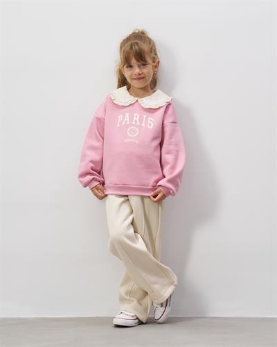 Kız Çocuk Pamuklu Pembe Paris Baskılı Dantel Yaka Sweatshirt Ekru Pantolon Takım