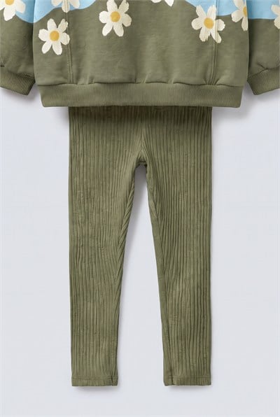 Kız Çocuk Pamuklu Papatya Desenli Mavi Sweatshirt ve Tayt Takımı