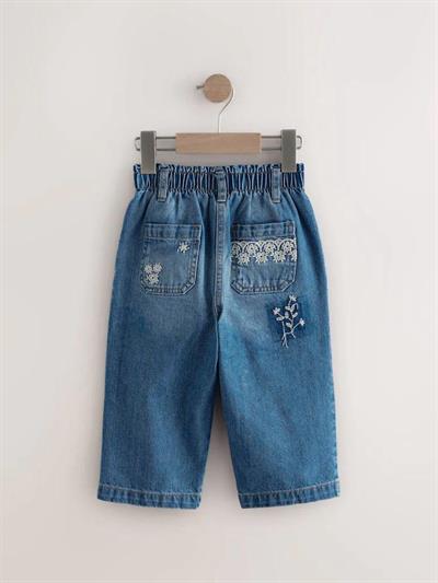 Kız Çocuk Nakışlı Kot Pantolon – Elastik Belli, Çiçek Detaylı Denim Alt