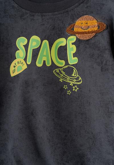 Erkek Çocuk Pamuklu Füme Space Temalı Eşofman Takım - Gezegen ve Roket Baskılı