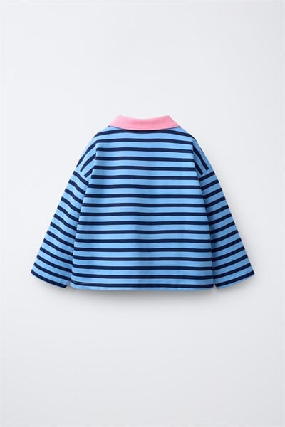 Kız Çocuk Pamuklu Polo Yaka Mavi Çizgili Sweatshirt