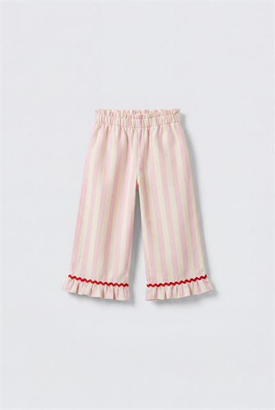 Kız Çocuk Pembe Çizgili Fırfır Paça Pantolon