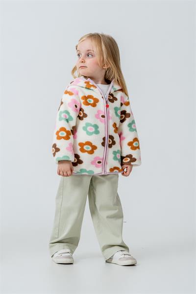 Kız Çocuk Pamuklu Çiçek Desenli Kapüşonlu Polar Ceket - Fermuarlı