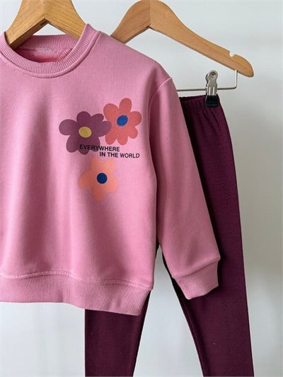 Kız Çocuk Pamuklu Çiçek Baskılı Pembe Sweatshirt ve Tayt Takımı
