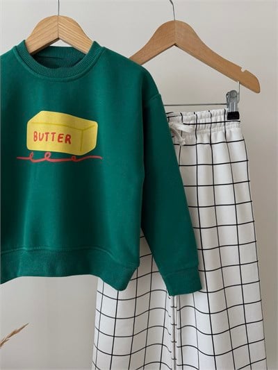 Çocuk Butter Baskılı Yeşil Sweatshirt ve Ekru Kareli Eşofman Takım