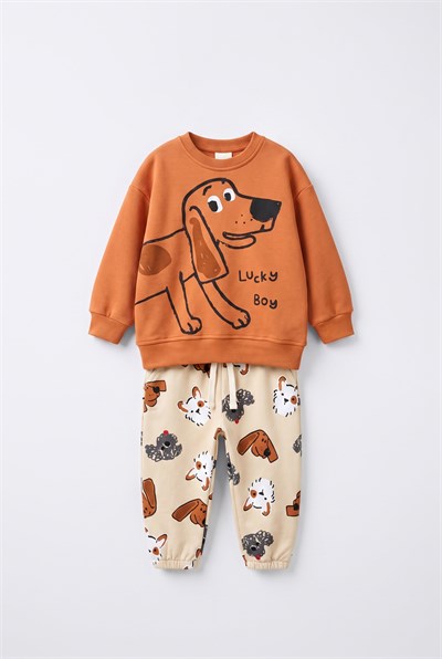 Çocuk Pamuklu Köpek Baskılı Turuncu Sweatshirt ve Desenli Eşofman Altı Takımı