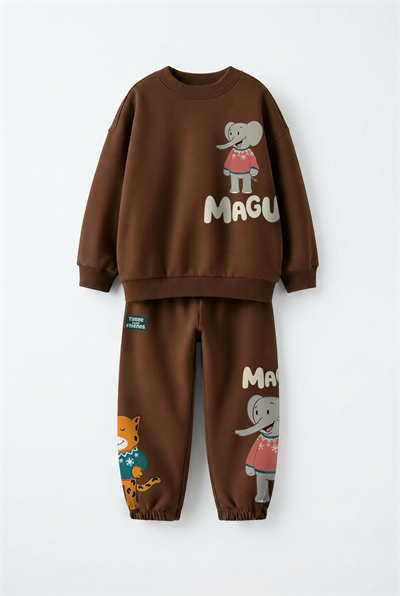 Çocuk Magu and Milo Kahverengi Sweatshirt ve Eşofman Altı Takımı