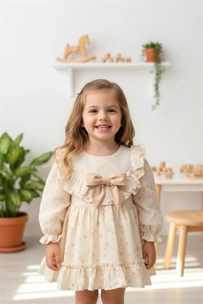 Kız Çocuk Pamuklu Bej Puantiye Dantelli Elbise - Fırfır Yaka ve Fiyonk Detaylı