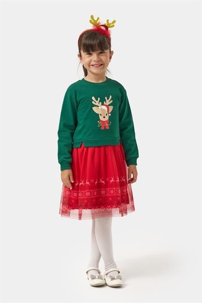 Kız Çocuk Pamuklu Yeşil Geyik Desenli Sweatshirt ve Kırmızı Tüllü Etek Takımı - Yılbaşı Özel Koleksiyonu