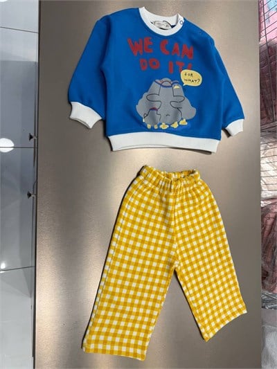 Çocuk Pamuklu Fil Baskılı Mavi Sweatshirt ve Sarı Pötikare Pantolon Takımı