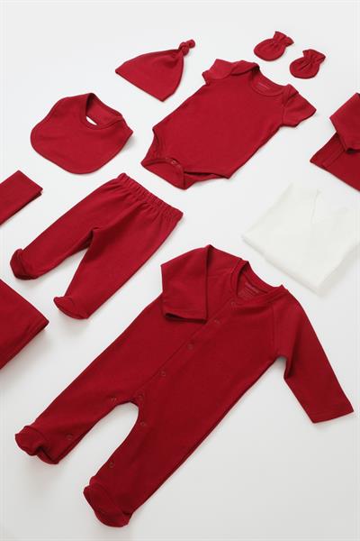 Unisex Bebek Organik Pamuklu Bordo 10 Parça Hastane Çıkış Seti 