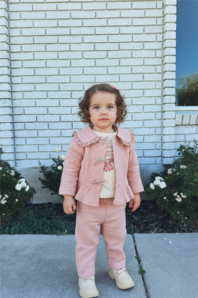 Kız Bebek Pamuklu Pudra Yakalı Müslin 3lü Takım - Ceket Tişört Pantolon